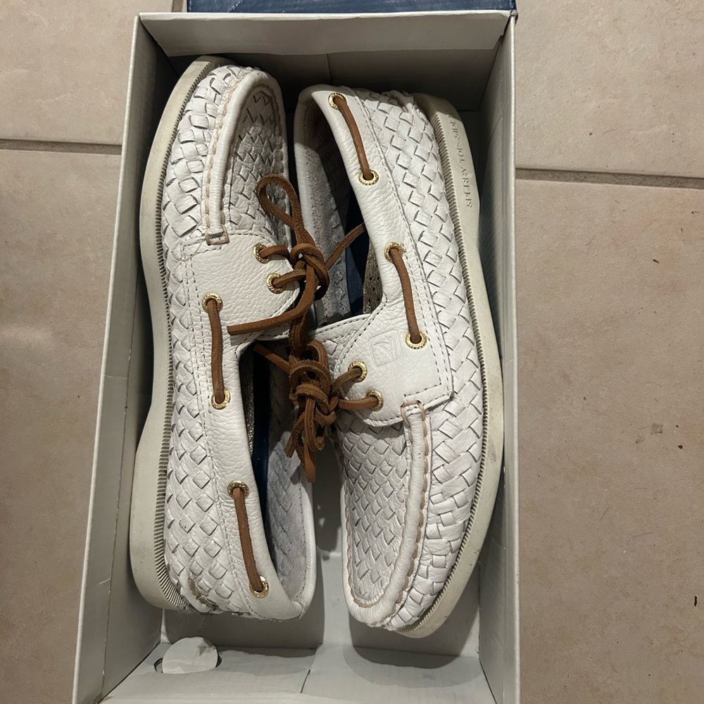 Sperry white and brown leather loafers worn once in the box
